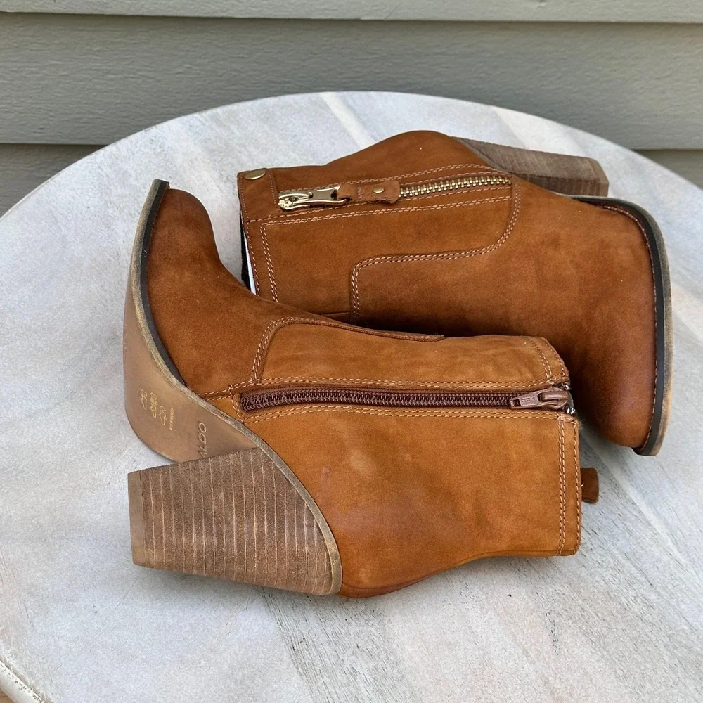 Aldo Olenalla Cognac Brown Leather Ankle Boots Block Heel Gold Zip Women 8.5 39 - Picture 11 of 14